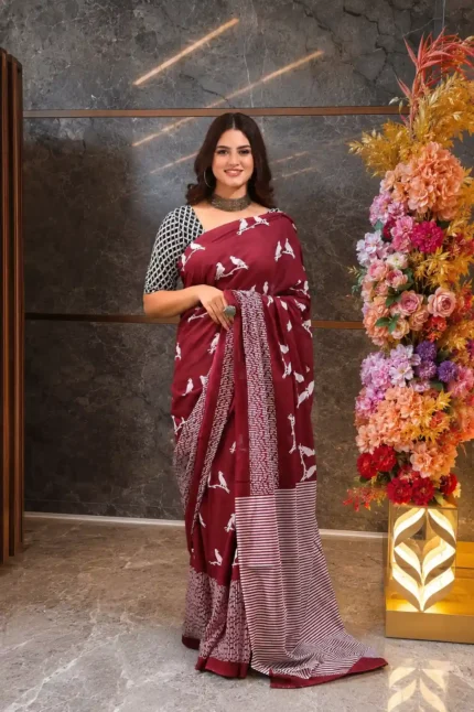JALTHER Handicrafts Women's Ikat Hand Block Print Jaipuri Cotton Mulmul Saree with Blouse Piece