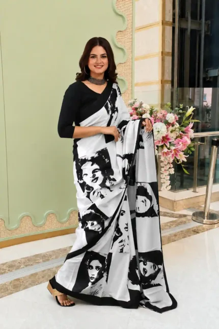 JALTHER Handicrafts Women's Ikat Hand Block Print Jaipuri Cotton Mulmul Saree with Blouse Piece